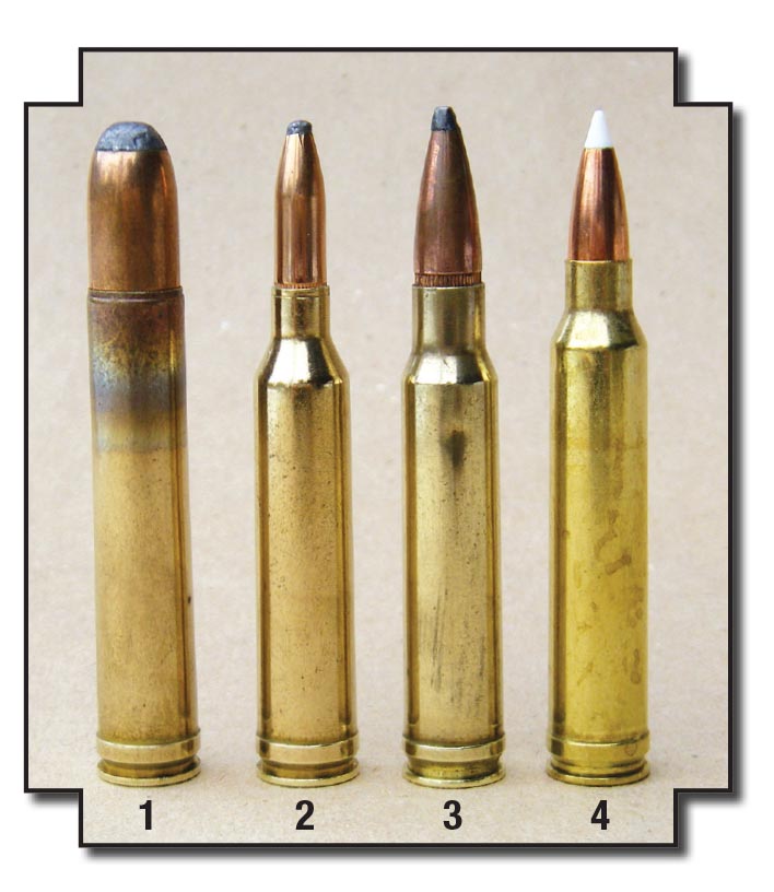 Winchester’s family of .30-06-length magnum cartridges: (1) .458 Winchester Magnum (1956), (2) .264 Winchester (1958),  (3) .338 Winchester (1958) and the (4) .300 Winchester Magnum (1963). The .300’s shoulder was moved forward for greater  powder capacity.